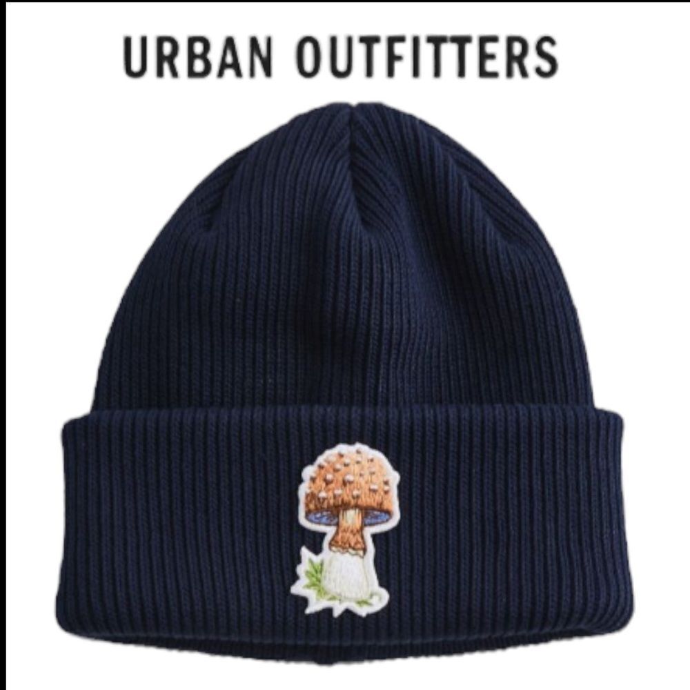 NEW Urban Outfitters Druthers Gorey Navy Embroidered Mushroom Shroom Beanie Hat